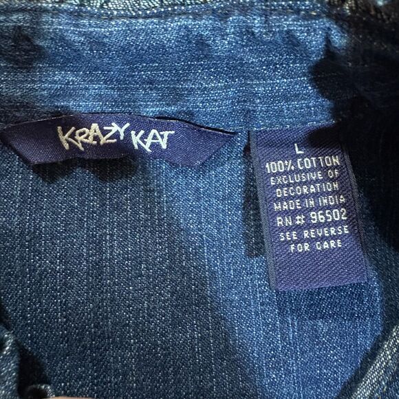 Krazy Kat Denim Jacket Women’s L Boho Western Ruffle Pearl Snap Y2K Bling - Picture 3 of 6